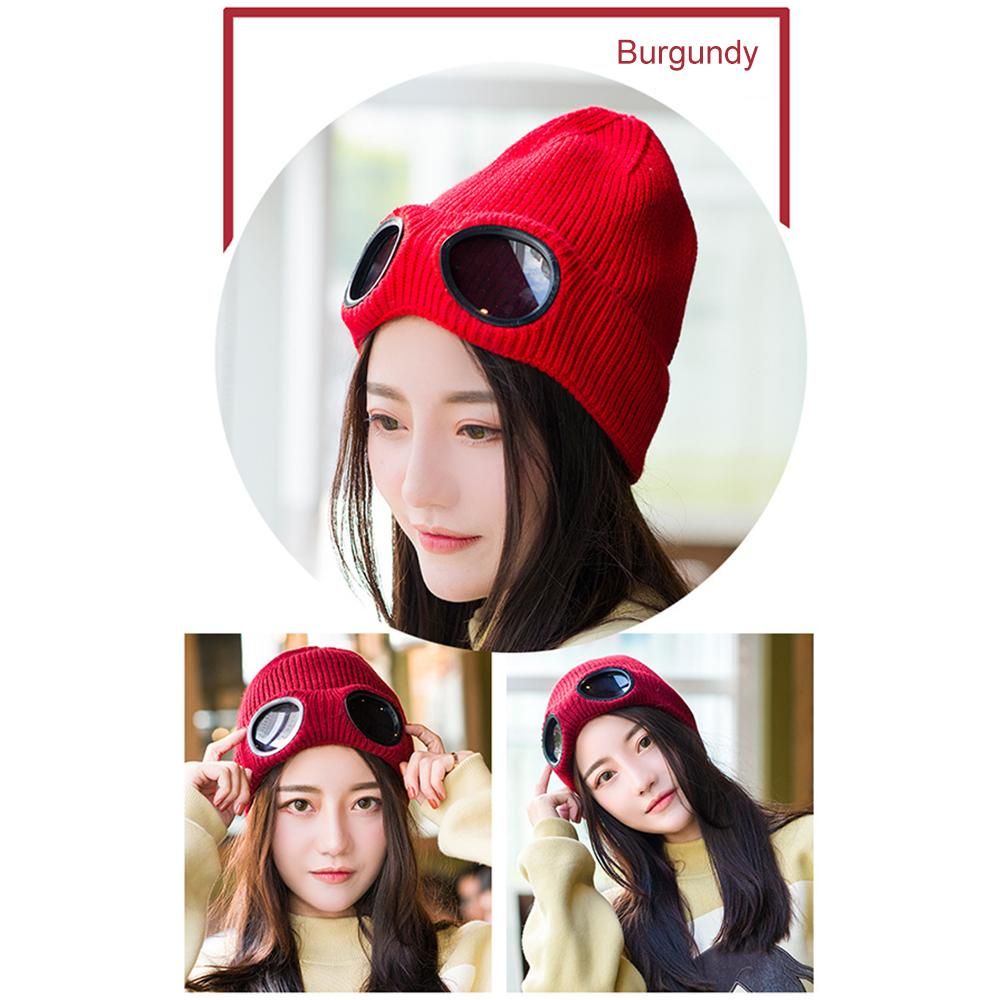 Winter Knitted Skull Hat Thickened Warm Stretchy Beanie Ski Cap Removable Glasses Plush Lining Double-use for Men Women Outdoor Activities