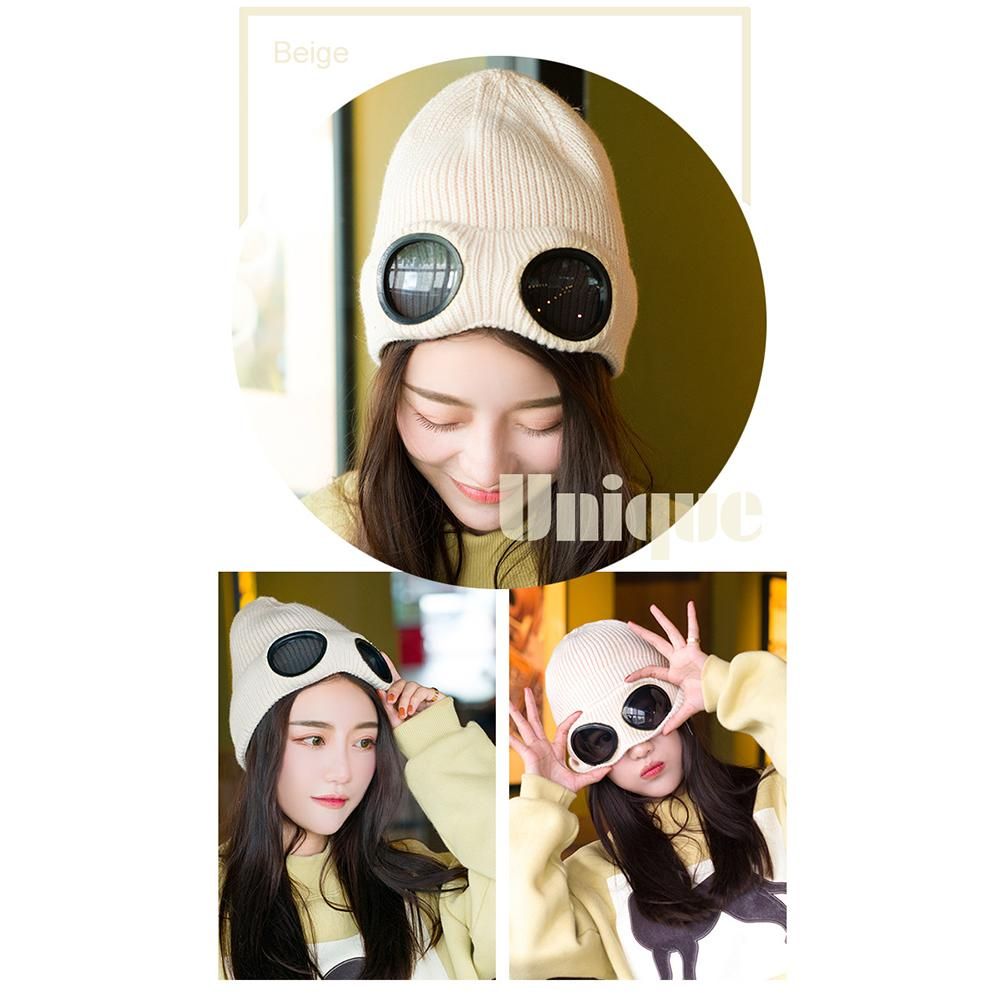 Winter Knitted Skull Hat Thickened Warm Stretchy Beanie Ski Cap Removable Glasses Plush Lining Double-use for Men Women Outdoor Activities