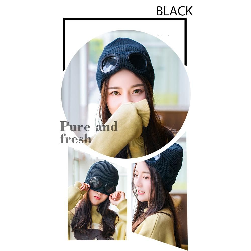 Winter Knitted Skull Hat Thickened Warm Stretchy Beanie Ski Cap Removable Glasses Plush Lining Double-use for Men Women Outdoor Activities