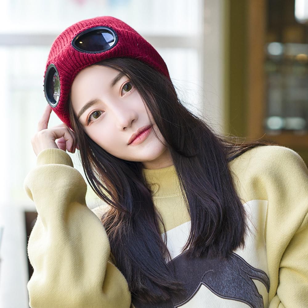 Winter Knitted Skull Hat Thickened Warm Stretchy Beanie Ski Cap Removable Glasses Plush Lining Double-use for Men Women Outdoor Activities