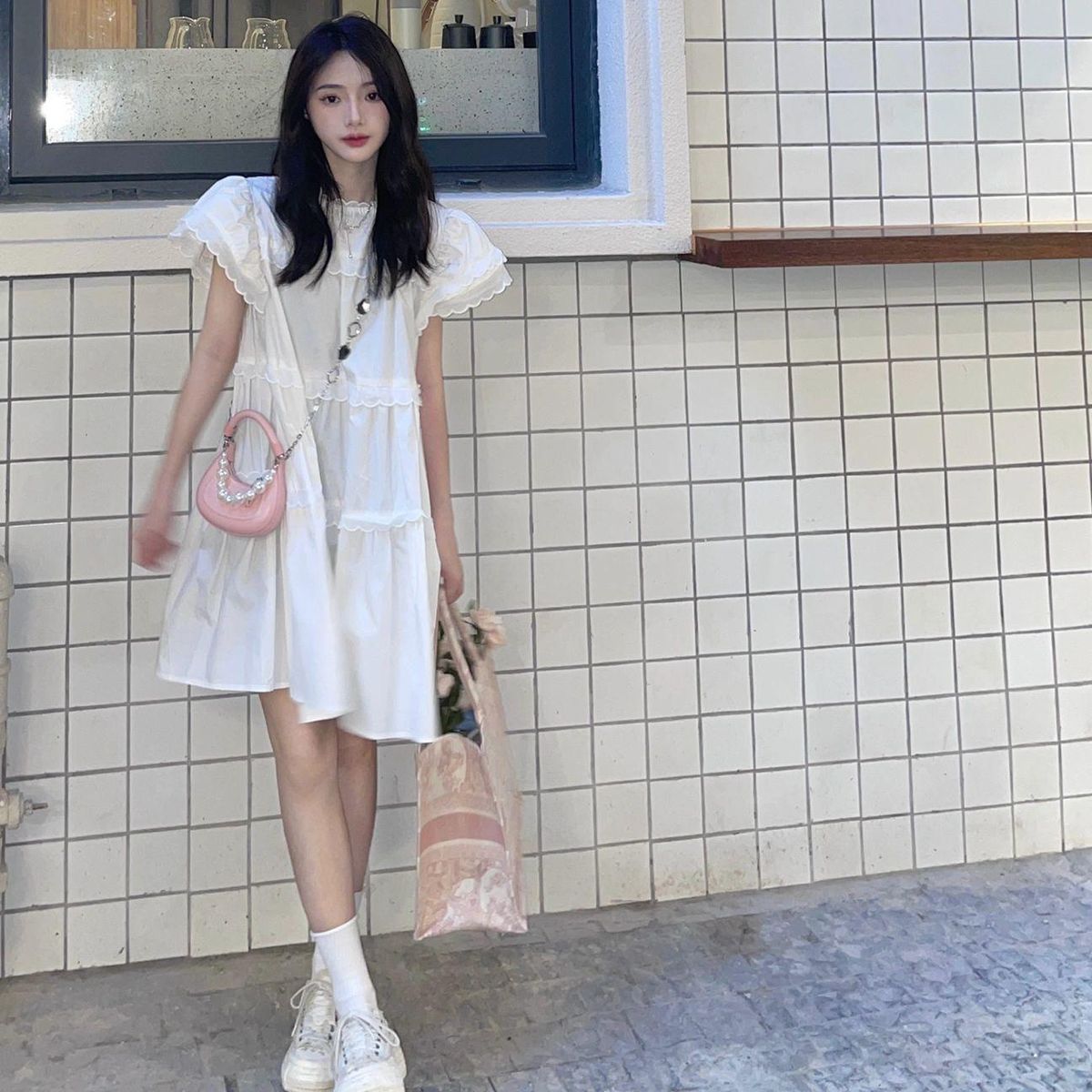 Lace Flying Sleeve Dress for Women Summer First Love Slim White Dress Design Sense Niche Sweet Cute Baby Skirt