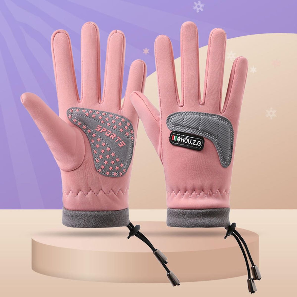 Microfiber Palm Gloves Snowproof Kids 5-finger Gloves with for Skiing Pink