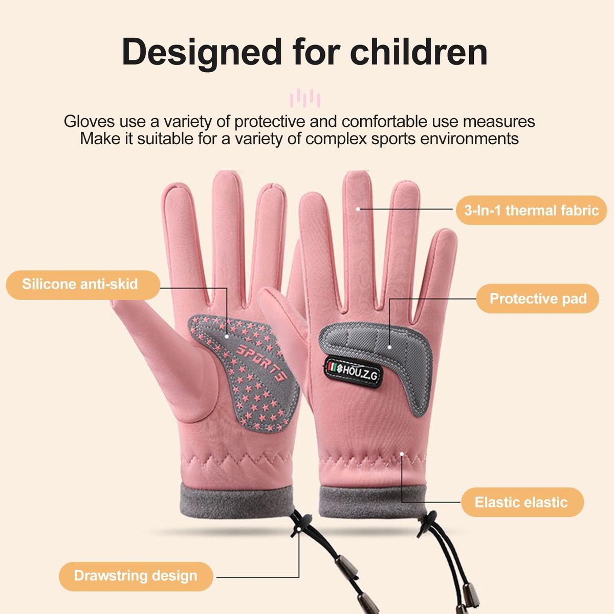 Microfiber Palm Gloves Snowproof Kids 5-finger Gloves with for Skiing Pink