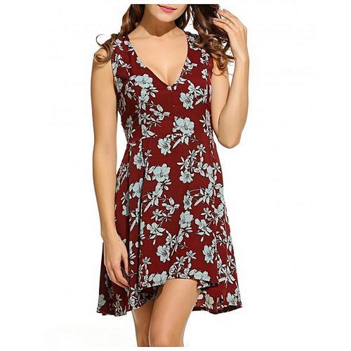 Women Casual Sleeveless Floral V Neck Flared Sexy Dress-Wine Red