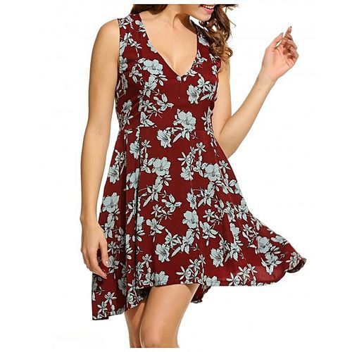 Women Casual Sleeveless Floral V Neck Flared Sexy Dress-Wine Red