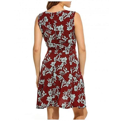Women Casual Sleeveless Floral V Neck Flared Sexy Dress-Wine Red