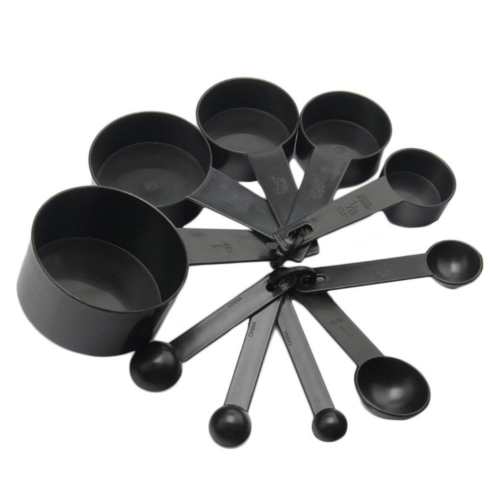 10Pcs Black Plastic Measuring Spoons Cups Set Tools For Baking Coffee Tea
