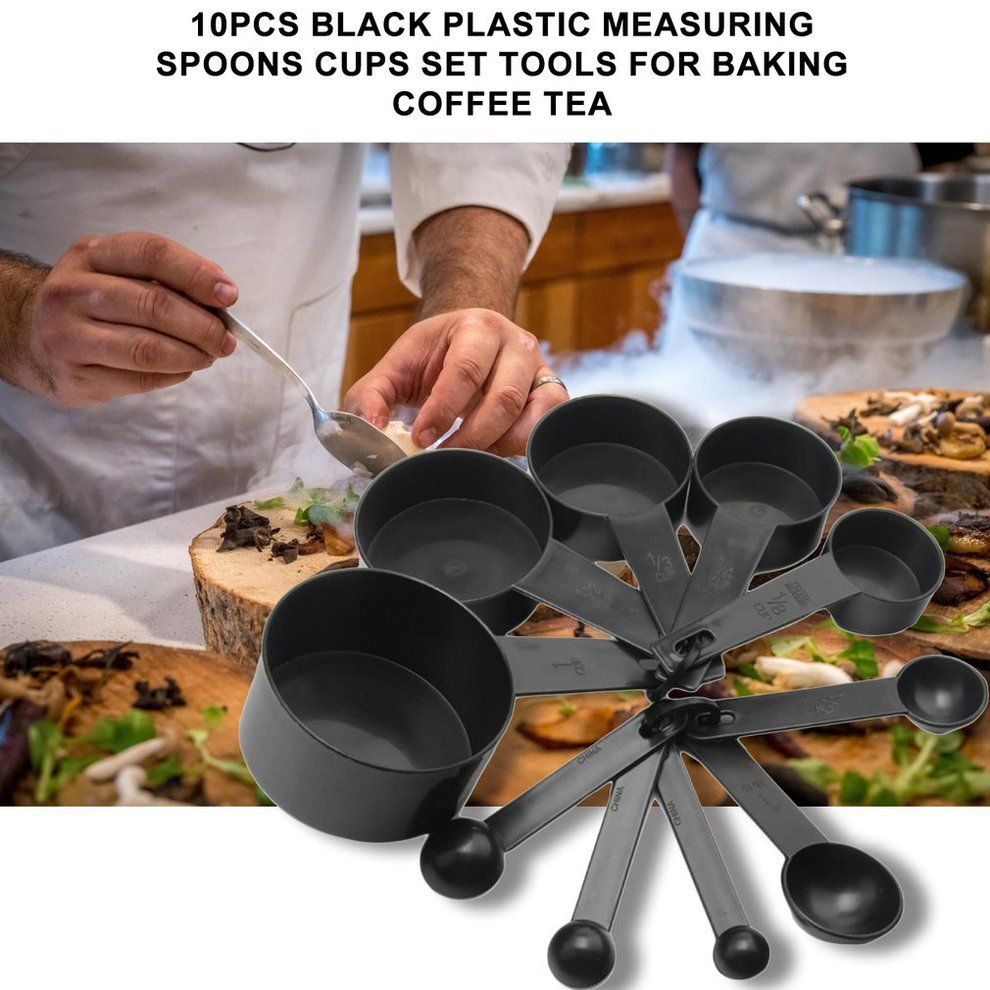10Pcs Black Plastic Measuring Spoons Cups Set Tools For Baking Coffee Tea