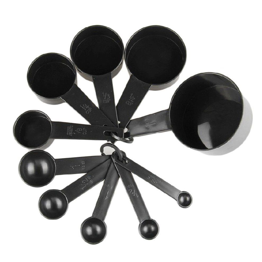 10Pcs Black Plastic Measuring Spoons Cups Set Tools For Baking Coffee Tea