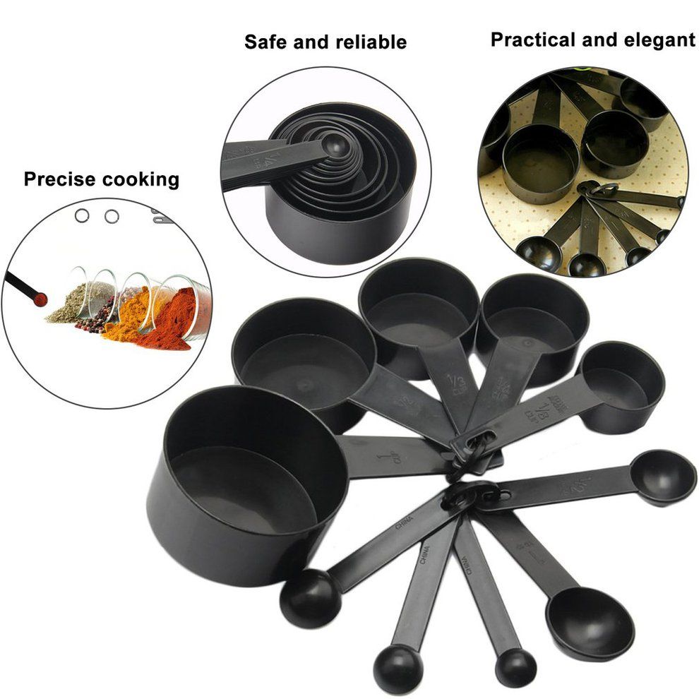 10Pcs Black Plastic Measuring Spoons Cups Set Tools For Baking Coffee Tea