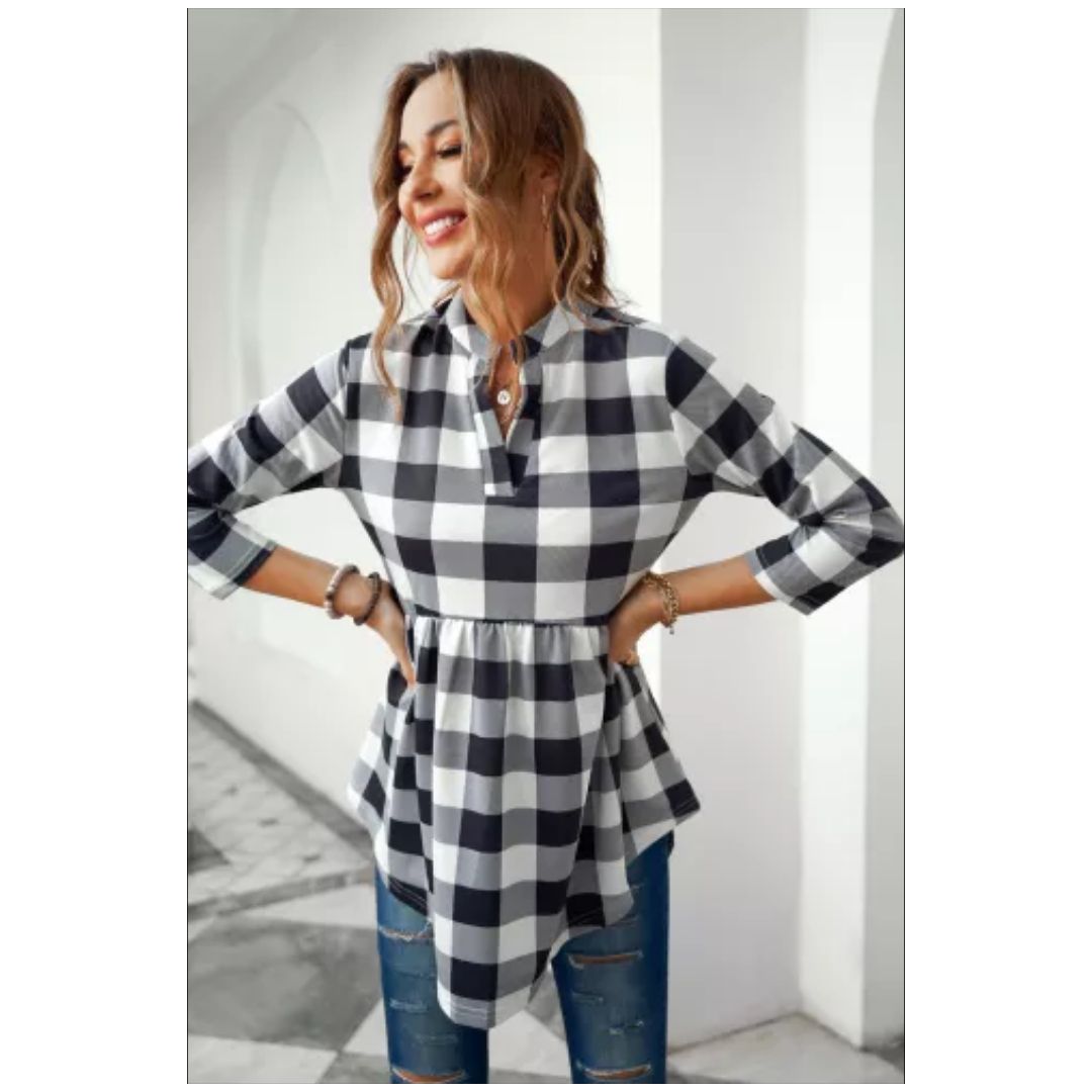 Mfed 3/4 Sleeve Split Neck Flowy Tunic Top