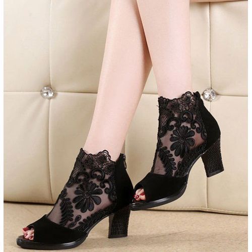Mesh Coarse Heels Lace Fish Mouth Sandals