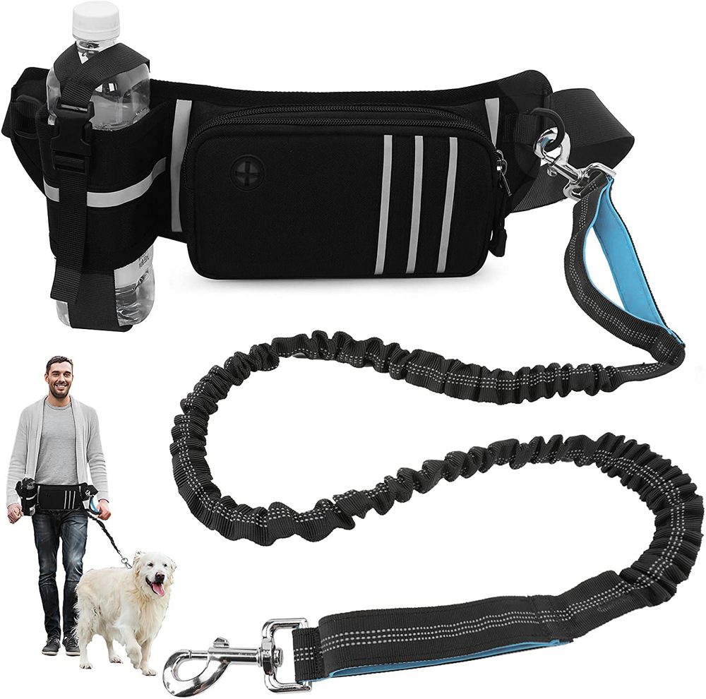 Hands Free Retractable Dog Leash With Waist Zipper Pouch For Running Walking-Black