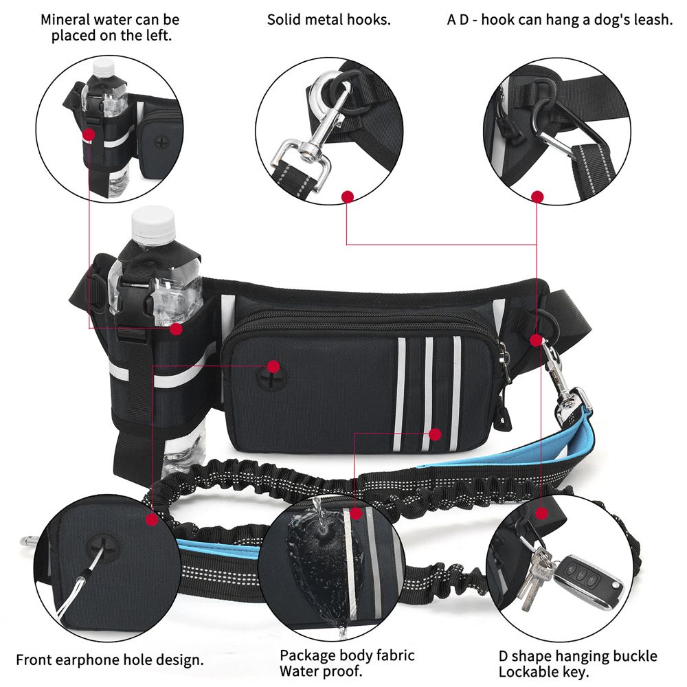 Hands Free Retractable Dog Leash With Waist Zipper Pouch For Running Walking-Black