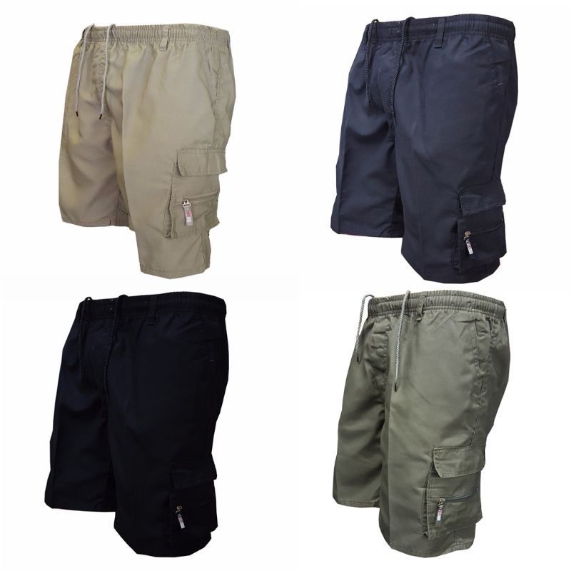Men Plus Size Summer Multi Pockets Cargo Shorts Solid Color Drawstring Loose Casual Knee Length