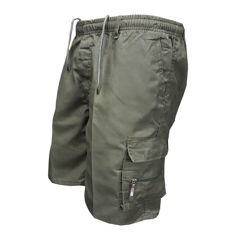 Men Plus Size Summer Multi Pockets Cargo Shorts Solid Color Drawstring Loose Casual Knee Length