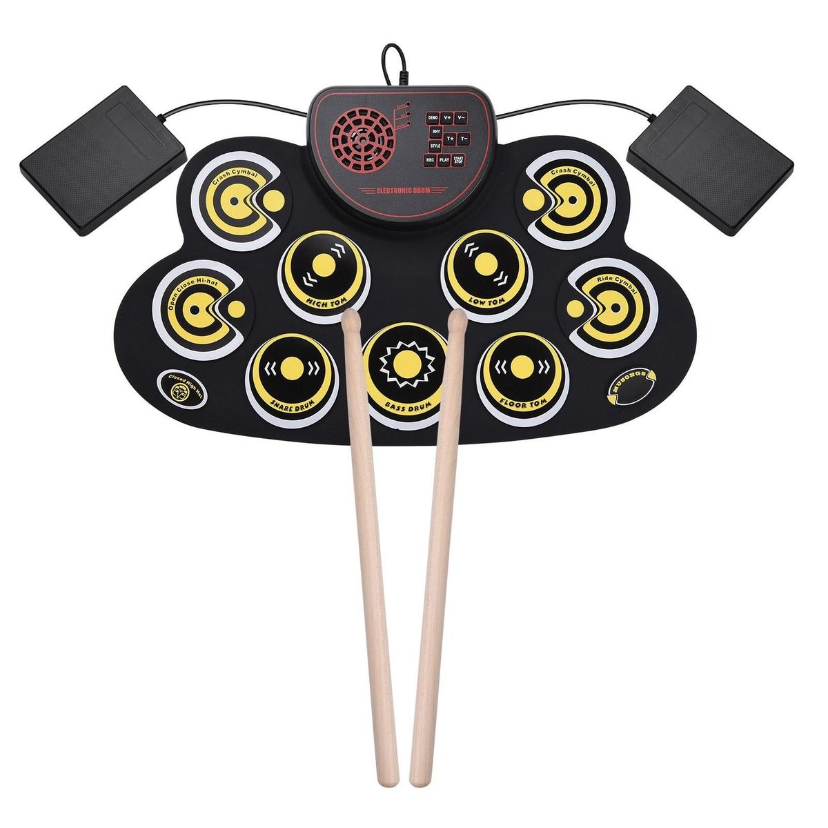 Portable Folding Electronic Drum Pad Silicon Digital Drum 9 Demo Songs 10 Rhythms Record 3.5mm Microphone Input Headphone Monitoring External Speaker Output with Foot Pedals Drum Sticks