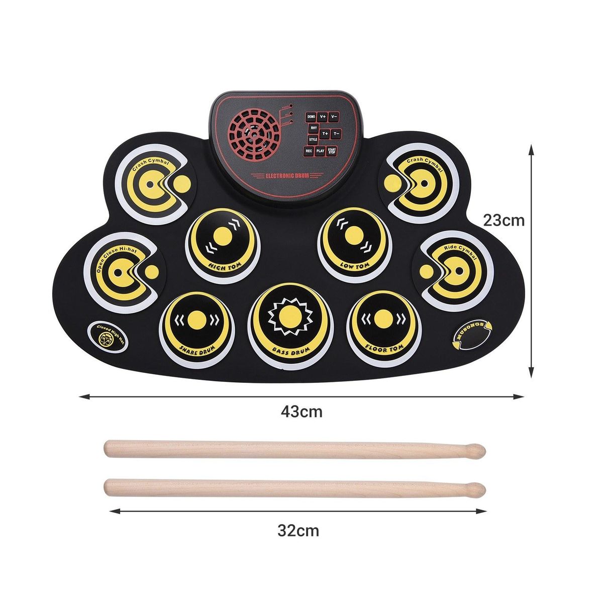 Portable Folding Electronic Drum Pad Silicon Digital Drum 9 Demo Songs 10 Rhythms Record 3.5mm Microphone Input Headphone Monitoring External Speaker Output with Foot Pedals Drum Sticks