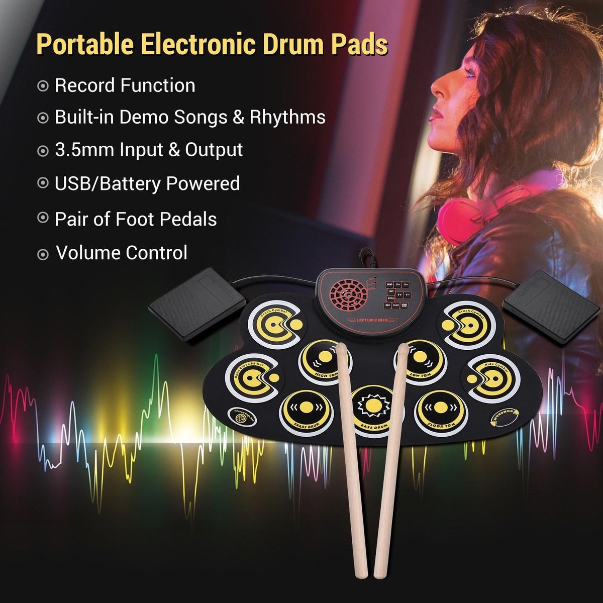 Portable Folding Electronic Drum Pad Silicon Digital Drum 9 Demo Songs 10 Rhythms Record 3.5mm Microphone Input Headphone Monitoring External Speaker Output with Foot Pedals Drum Sticks