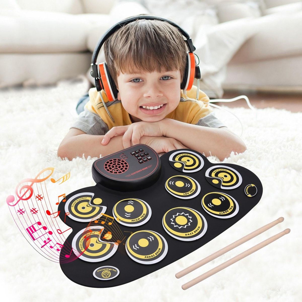 Portable Folding Electronic Drum Pad Silicon Digital Drum 9 Demo Songs 10 Rhythms Record 3.5mm Microphone Input Headphone Monitoring External Speaker Output with Foot Pedals Drum Sticks