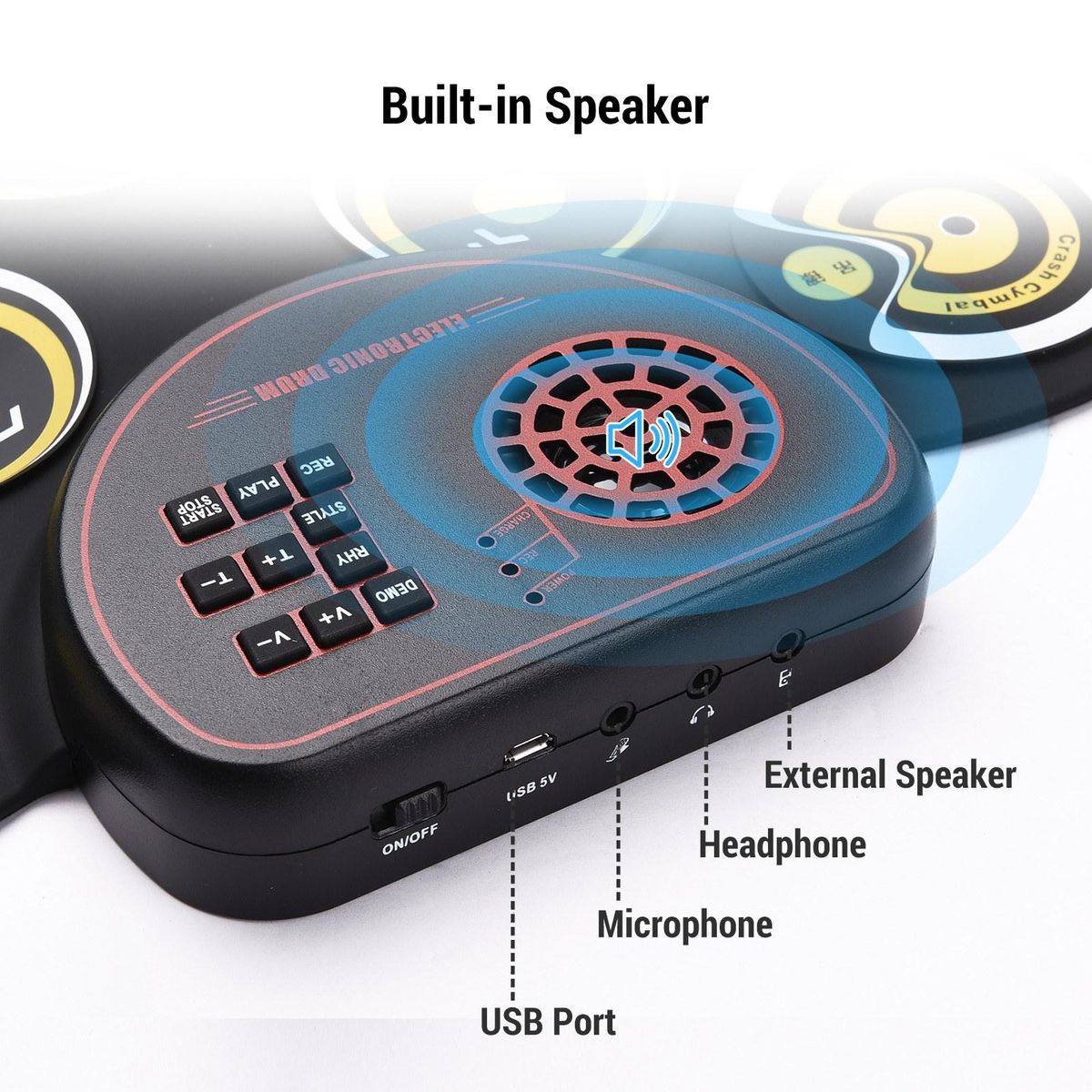 Portable Folding Electronic Drum Pad Silicon Digital Drum 9 Demo Songs 10 Rhythms Record 3.5mm Microphone Input Headphone Monitoring External Speaker Output with Foot Pedals Drum Sticks