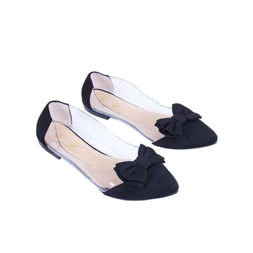 Bow Transparent Ladies Flat Shoes - Black