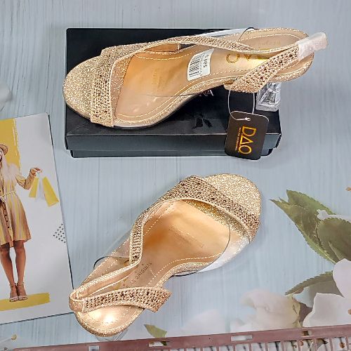 Ladies Trendy Rhinestone Sandal Mid Heels- Gold