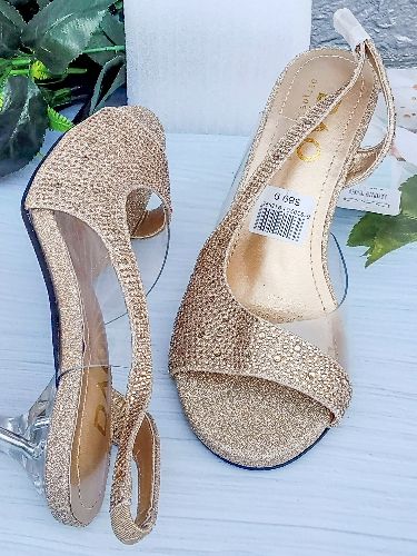 Ladies Trendy Rhinestone Sandal Mid Heels- Gold