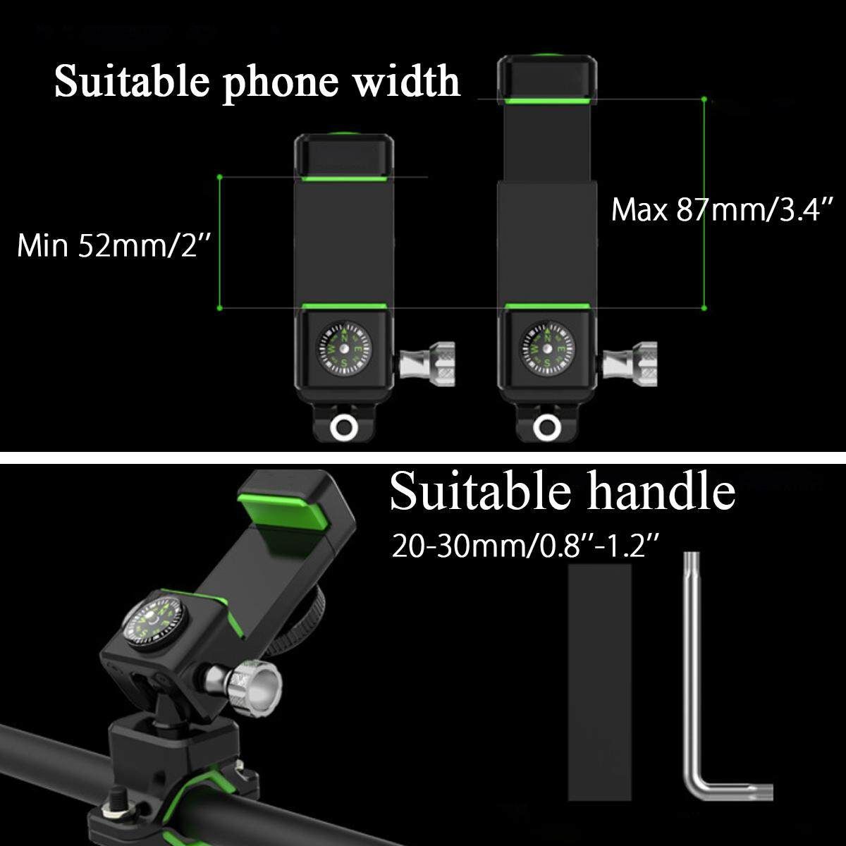 Metal Bicycle Bike Motorcycle Handlebar Phone Holder Mount & Compass LED Light Black/Green Black (black)
