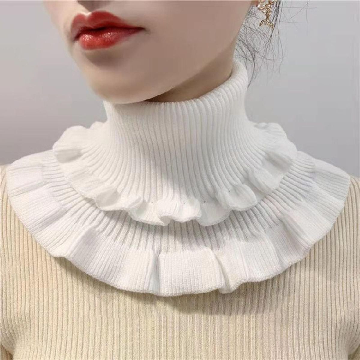 Autumn Winter Women Fake Collar Ruffles Turtleneck-White