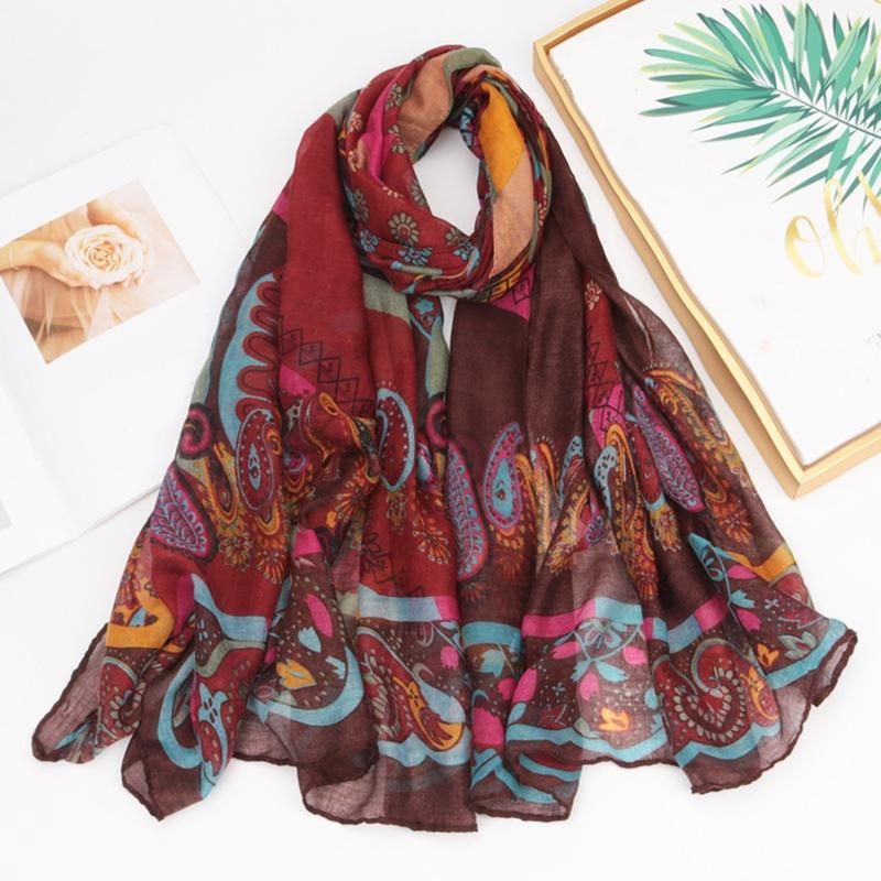 Voile Scarf Women Ethnic Style Wrap Printed Cotton-Grey
