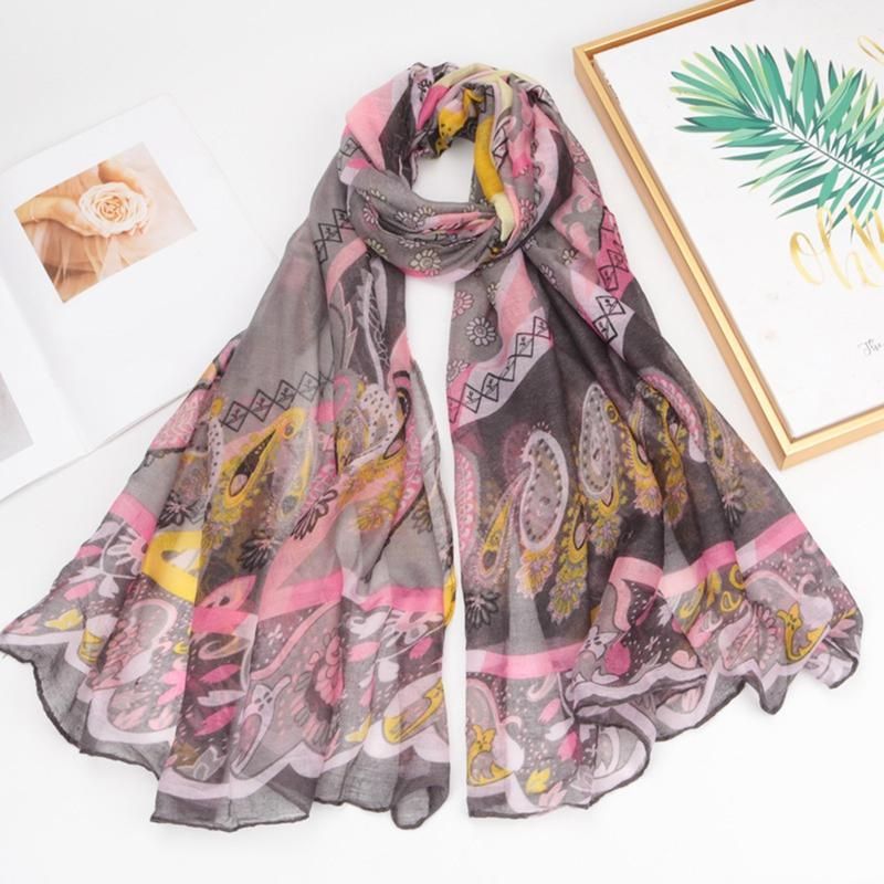 Voile Scarf Women Ethnic Style Wrap Printed Cotton-Grey