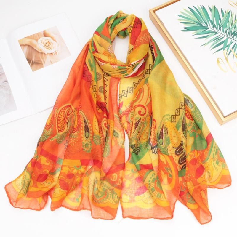 Voile Scarf Women Ethnic Style Wrap Printed Cotton-Grey