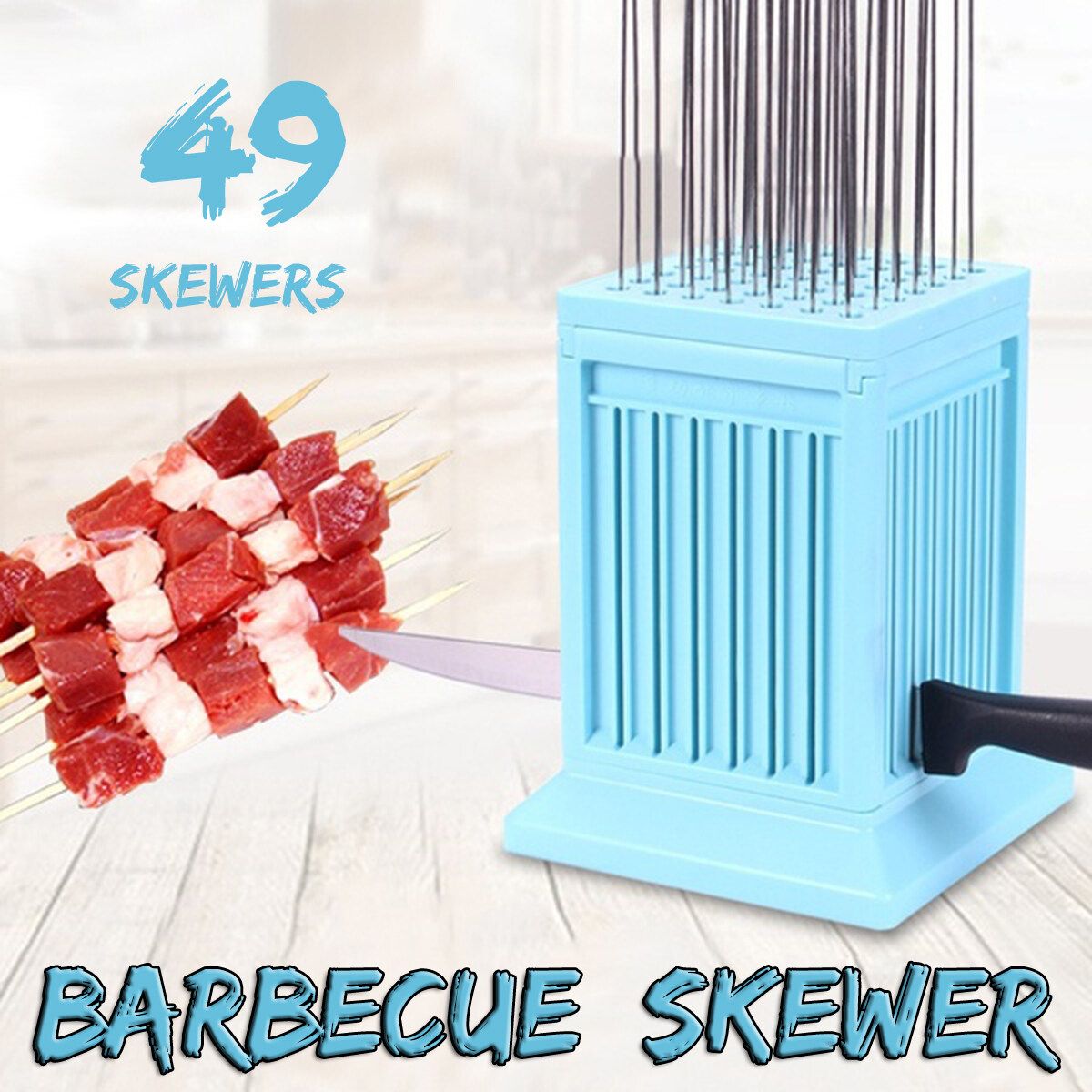 49 Holes Meat Skewer Kebab Maker Box Machine Grill Barbecue BBQ Tools Camping Blue