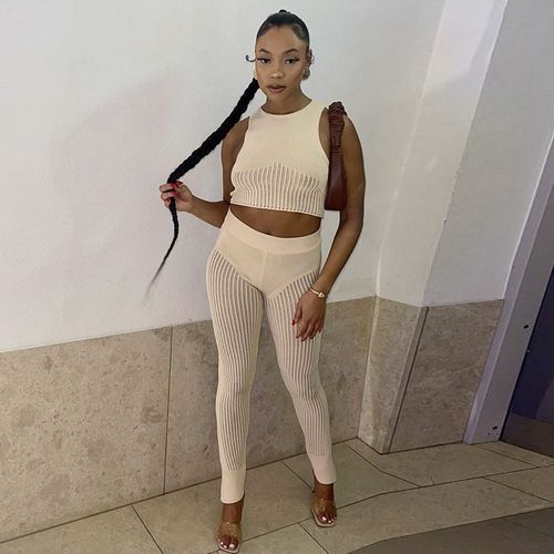 Two Piece Set Women Mesh Sleeveless Short Top Sexy High Waist Female Trousers