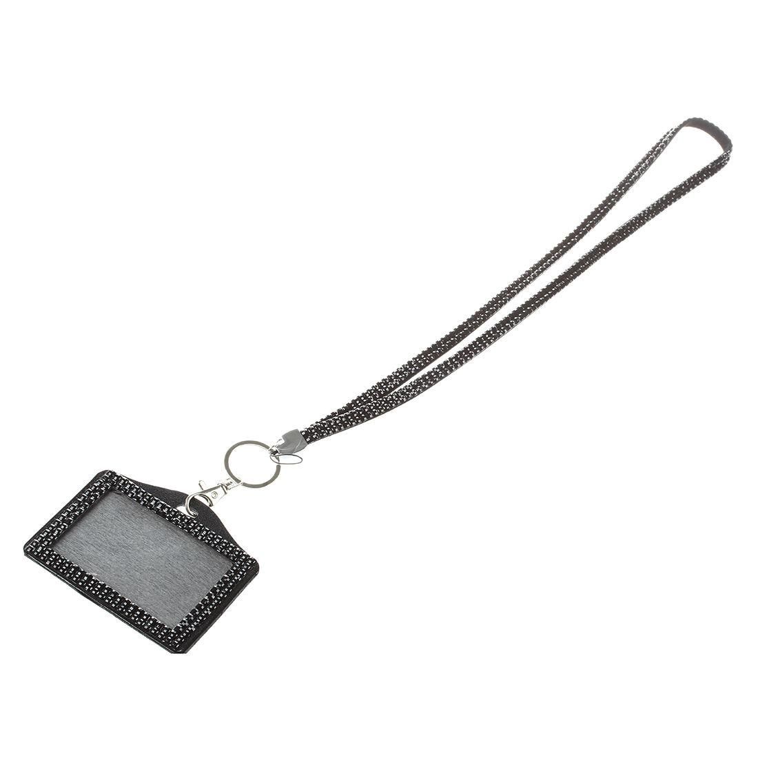 Horizontal Resin Rhinestone Work Card ID Case Holder Lanyard Sling (Black)