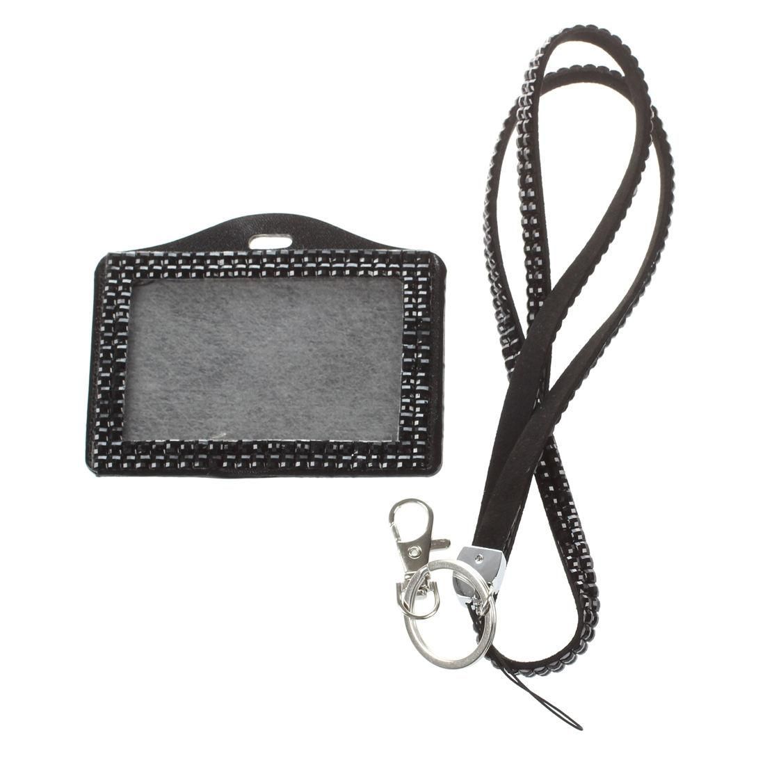 Horizontal Resin Rhinestone Work Card ID Case Holder Lanyard Sling (Black)