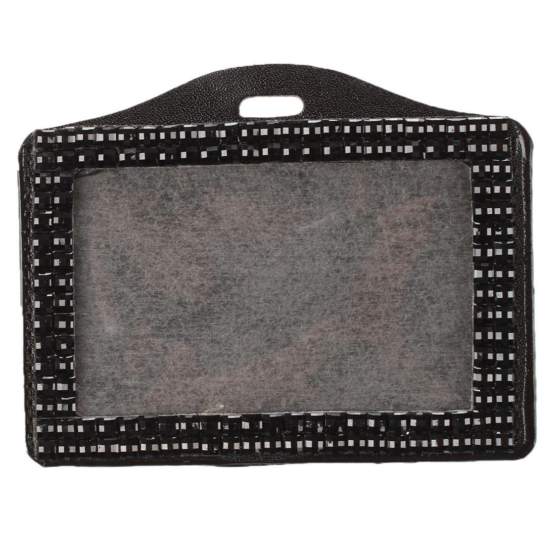 Horizontal Resin Rhinestone Work Card ID Case Holder Lanyard Sling (Black)