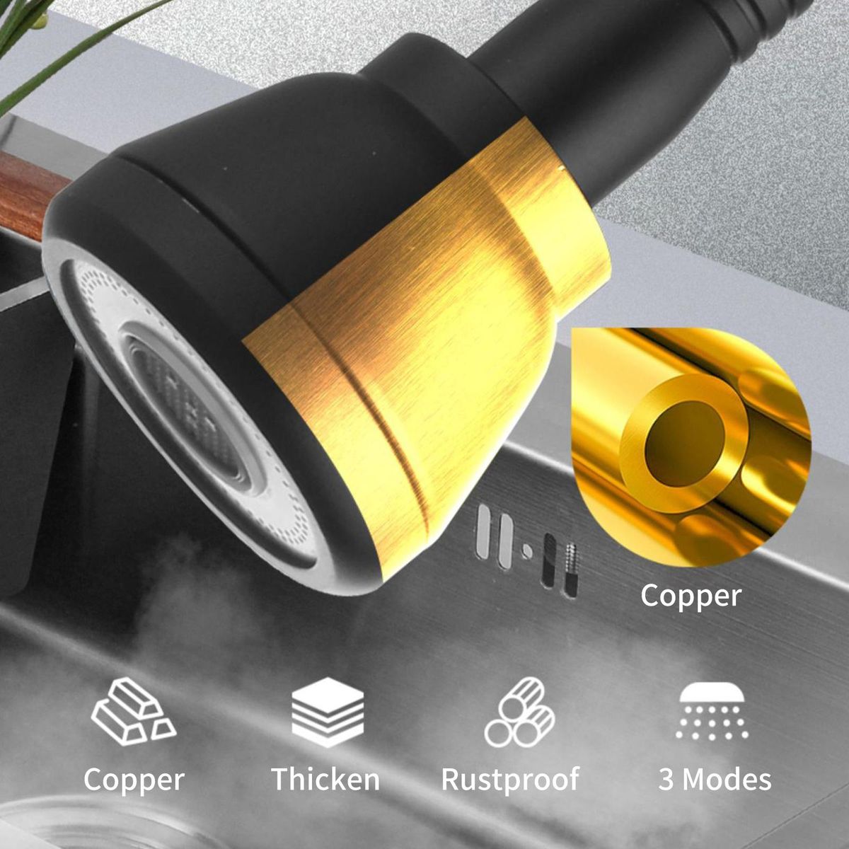 360° Rotatable Tap Head Faucet Extender Splash-Proof Kitchen Tap Sprayer with 3 Modes Water Saving Black Copper Water Tap Head