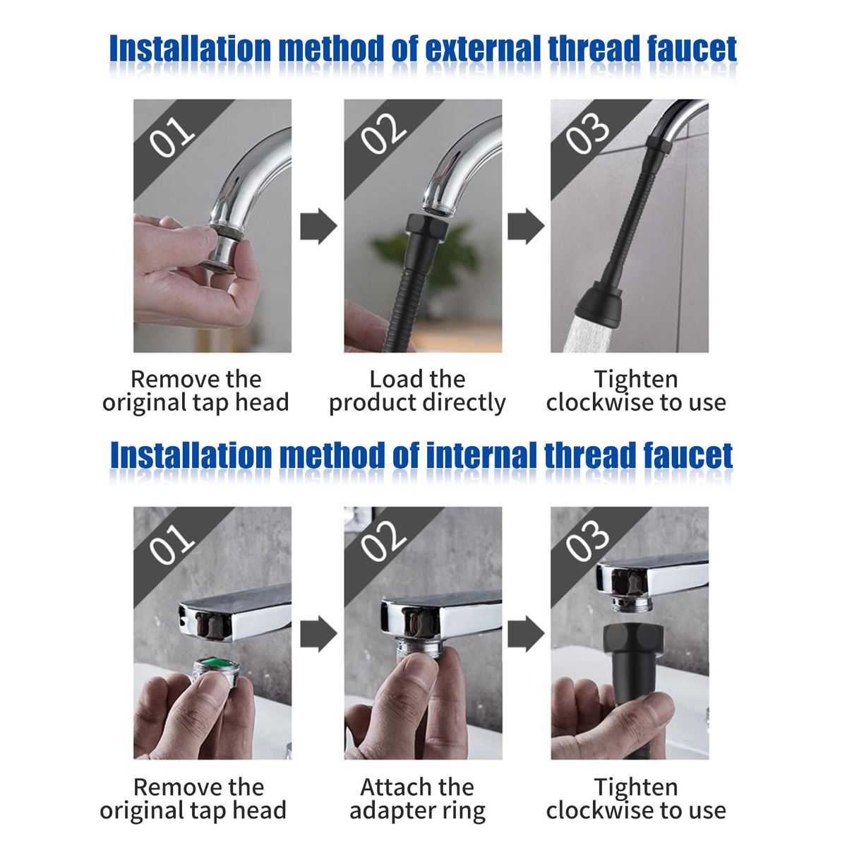 360° Rotatable Tap Head Faucet Extender Splash-Proof Kitchen Tap Sprayer with 3 Modes Water Saving Black Copper Water Tap Head