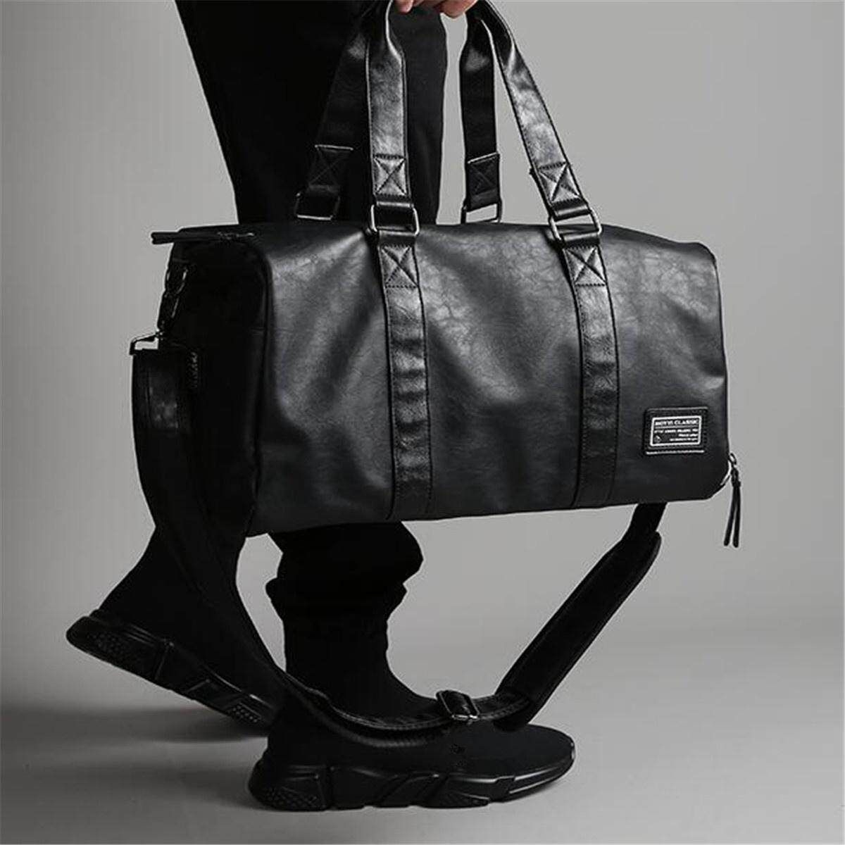 Men Black Leather Duffle Travel Bag Sports Yoga Gym Shoes Bag Large Capacity Dry Wet Separation L Black L
