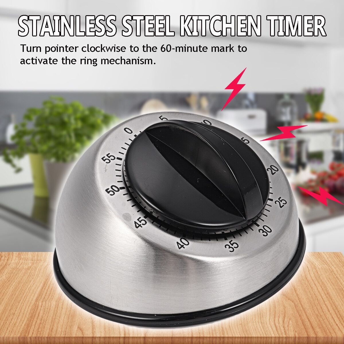 97mm Stainless Steel Kitchen Cooking 60-MINUTE Mechanical Ring Bell Countdown Alarm Clock