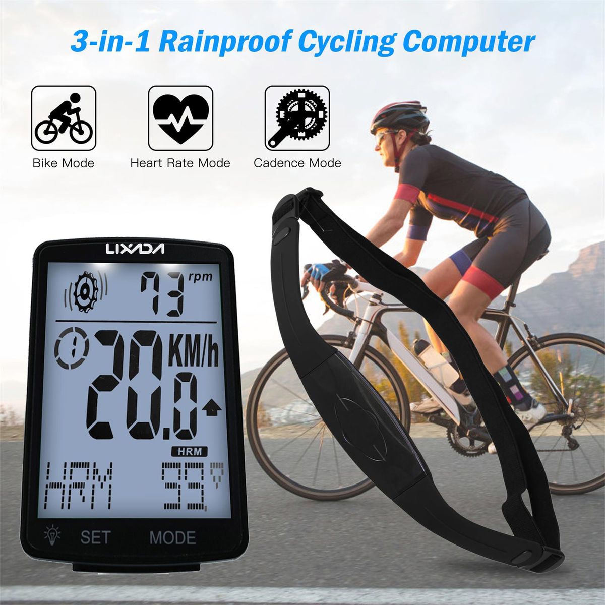 LIXADA 3 in 1 Wireless Bike Computer Multi Functional LCD Screen Bicycle Computer with Heart Rate Sensor Mountain Bike Speedometer Odometer IPX7 Waterproof Cycling Measurable Temperature Stopwatch