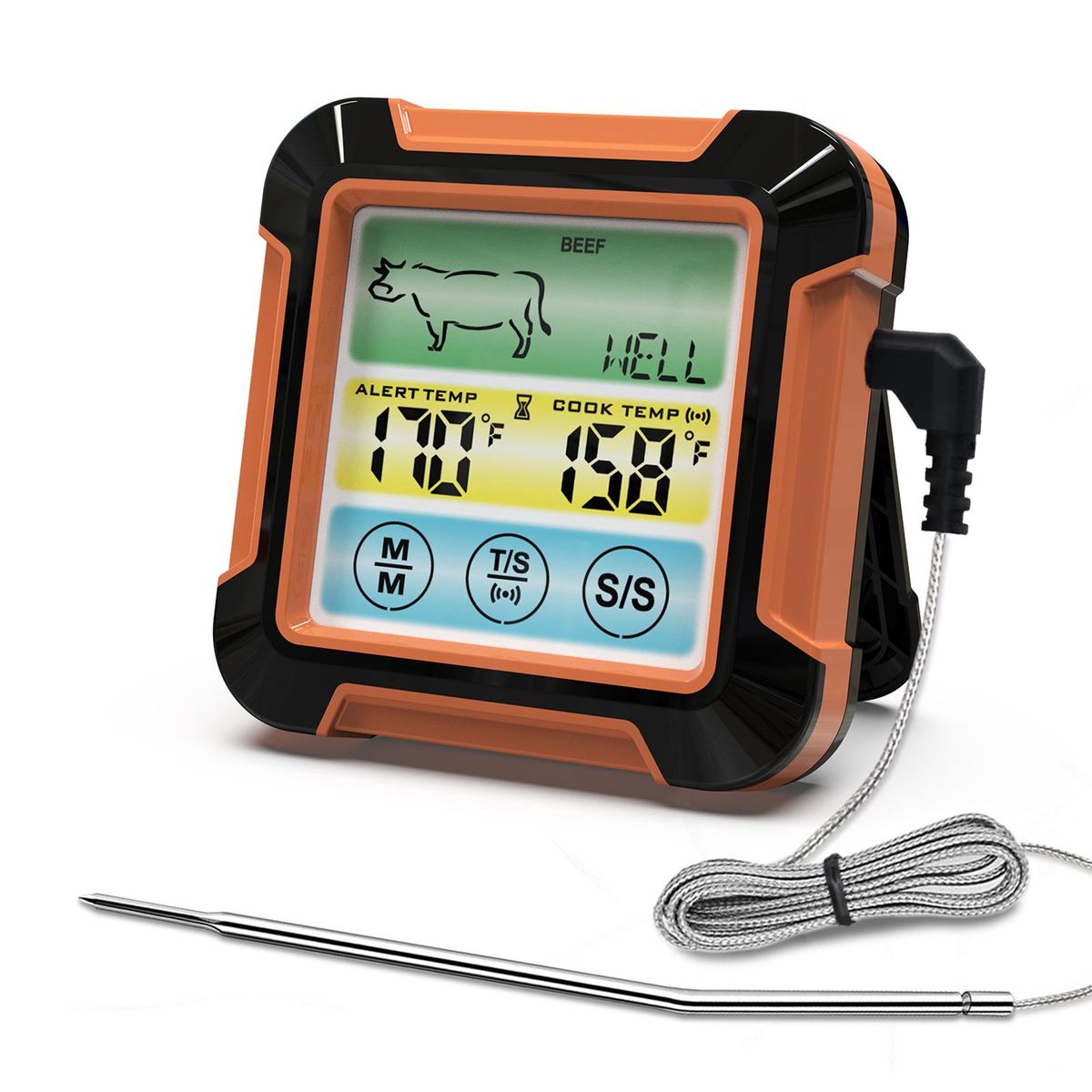Digital Meat Thermometer With Long Probe Upgraded Grill Thermometer With  LCD Screen Touch Control Backlight Alert Food Thermometer Timer for Cooking Oven BBQ IPX7 Waterproof