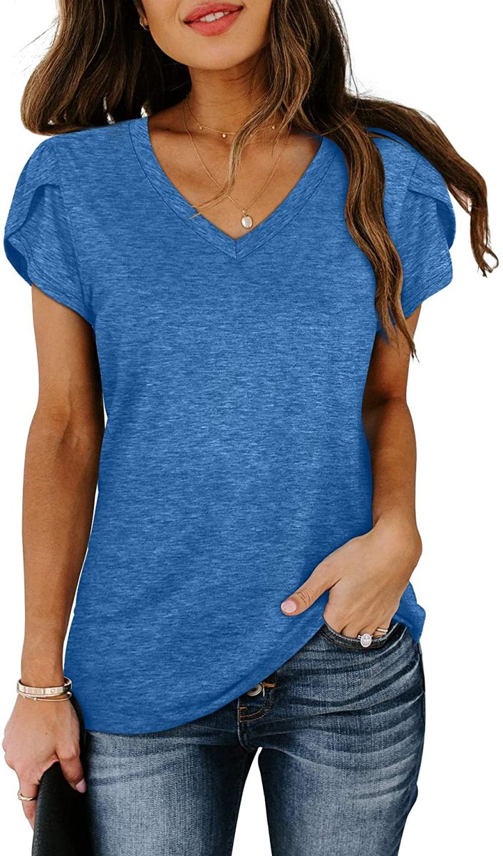 Women's Top V Neck Summer Petal Sleeve Casual Shirt