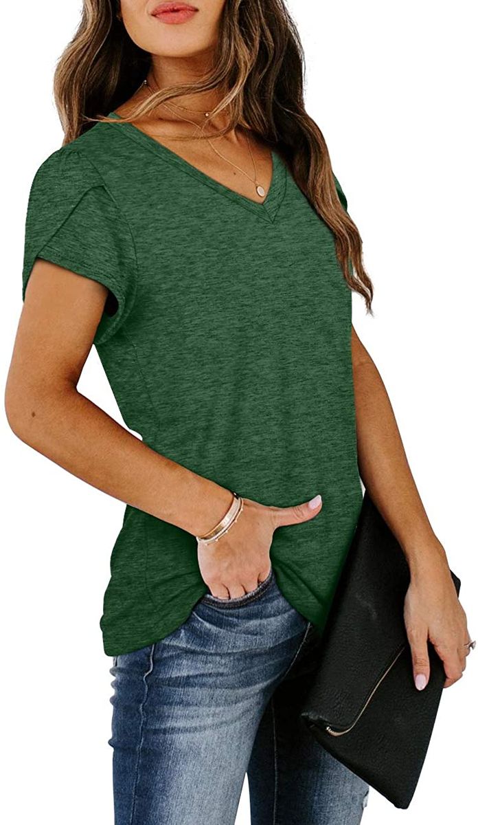 Women's Top V Neck Summer Petal Sleeve Casual Shirt