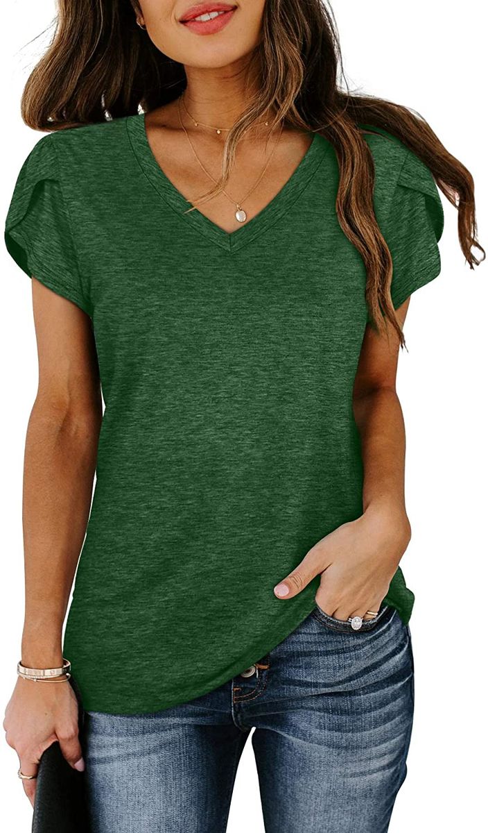 Women's Top V Neck Summer Petal Sleeve Casual Shirt