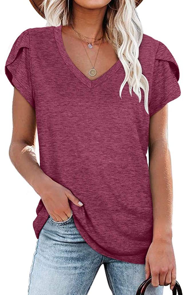 Women's Top V Neck Summer Petal Sleeve Casual Shirt