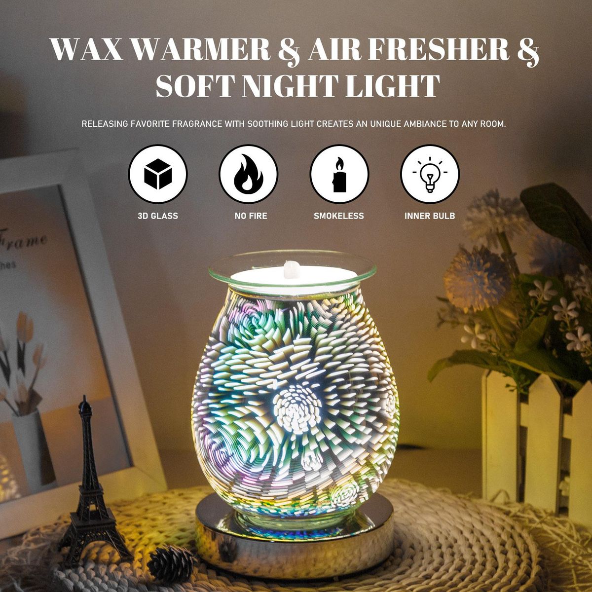 3D Glass Wax Warmer Night Light Touching Control Multi-Color Fragrance Light Home Bedroom Decor Light