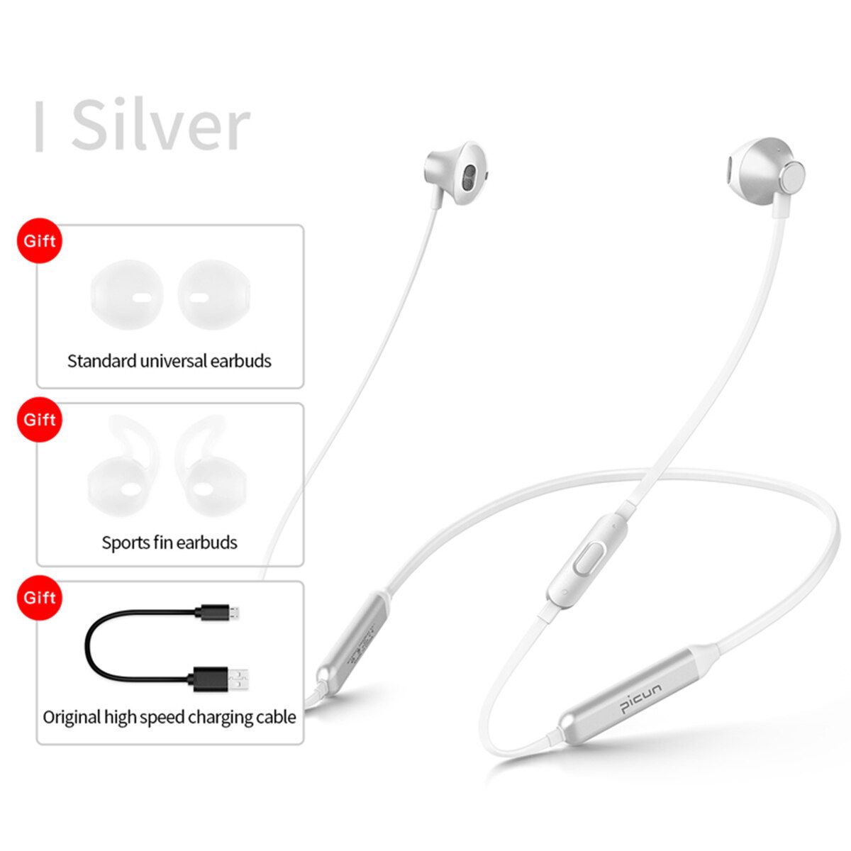 Bluetooth Wireless Earphones IPX5 Sports Magnetic Neckband Stereo Headphones Silver